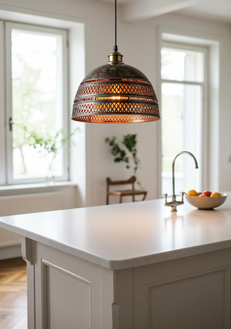 Pierced Brass Dome Pendant Light – Moroccan Lattice Kitchen Island Chandelier with Antique Patina Finish