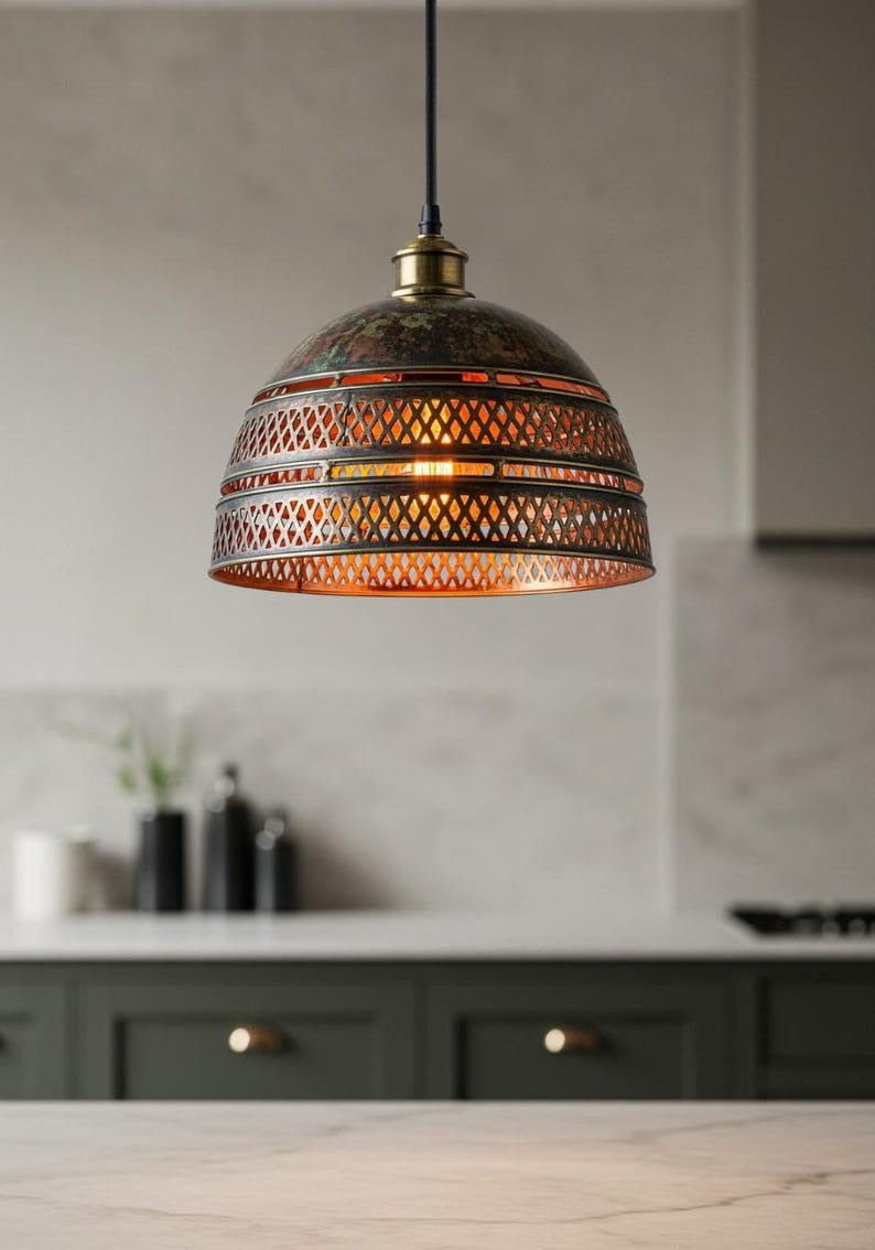 Pierced Brass Dome Pendant Light – Moroccan Lattice Kitchen Island Chandelier with Antique Patina Finish