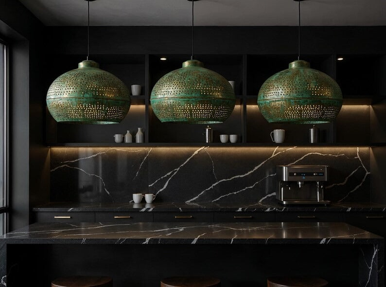 Perforated Green Patina Copper Dome Pendant Light, Handmade Moroccan Verdigris Copper Chandelier, Pierced Kitchen Island Hanging Lamp, Rustic Boho Farmhouse Ceiling Light Fixture