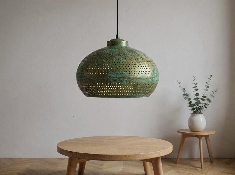 Perforated Green Patina Copper Dome Pendant Light, Handmade Moroccan Verdigris Copper Chandelier, Pierced Kitchen Island Hanging Lamp, Rustic Boho Farmhouse Ceiling Light Fixture