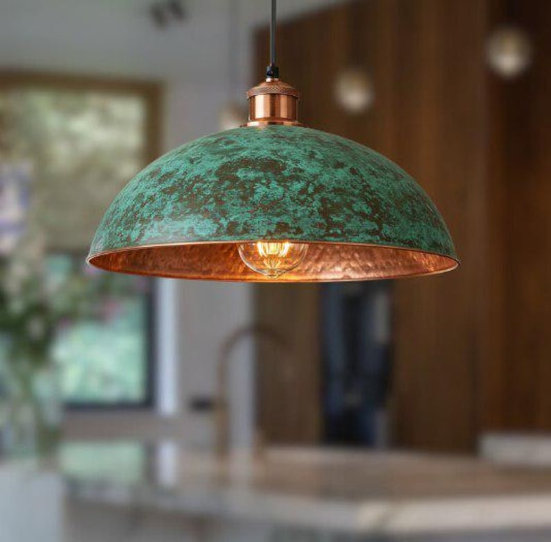 Handmade Green Patina Brass Pendant Light – Moroccan Dome Pendant Lamp with Hammered Copper Brass Interior for Kitchen Island, Dining Room & Boho Home Décor