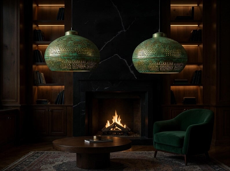 Perforated Green Patina Copper Dome Pendant Light, Handmade Moroccan Verdigris Copper Chandelier, Pierced Kitchen Island Hanging Lamp, Rustic Boho Farmhouse Ceiling Light Fixture