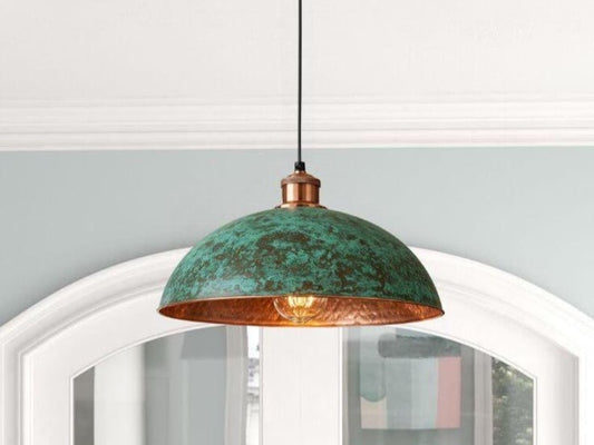Handmade Green Patina Brass Pendant Light – Moroccan Dome Pendant Lamp with Hammered Copper Brass Interior for Kitchen Island, Dining Room & Boho Home Décor