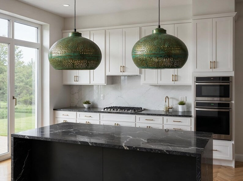 Perforated Green Patina Copper Dome Pendant Light, Handmade Moroccan Verdigris Copper Chandelier, Pierced Kitchen Island Hanging Lamp, Rustic Boho Farmhouse Ceiling Light Fixture