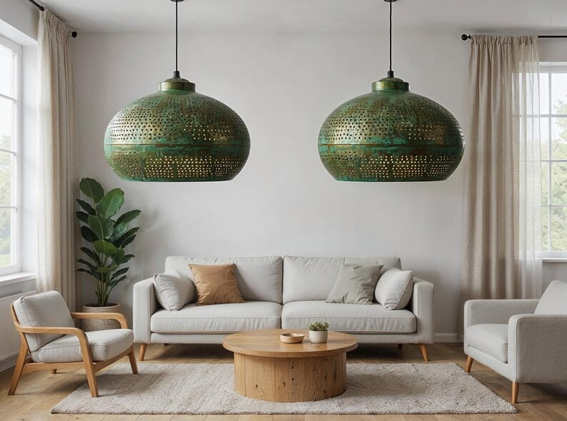 Perforated Green Patina Copper Dome Pendant Light, Handmade Moroccan Verdigris Copper Chandelier, Pierced Kitchen Island Hanging Lamp, Rustic Boho Farmhouse Ceiling Light Fixture