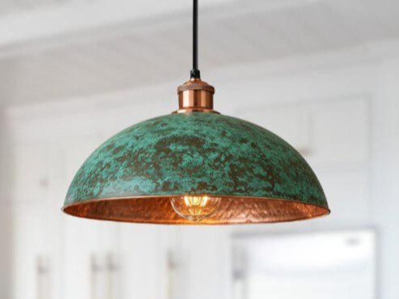 Handmade Green Patina Brass Pendant Light – Moroccan Dome Pendant Lamp with Hammered Copper Brass Interior for Kitchen Island, Dining Room & Boho Home Décor