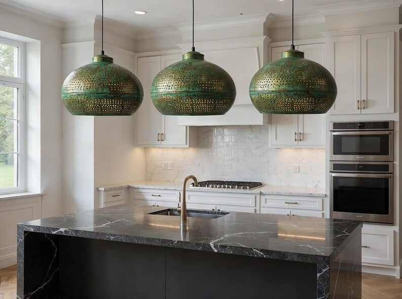 Perforated Green Patina Copper Dome Pendant Light, Handmade Moroccan Verdigris Copper Chandelier, Pierced Kitchen Island Hanging Lamp, Rustic Boho Farmhouse Ceiling Light Fixture