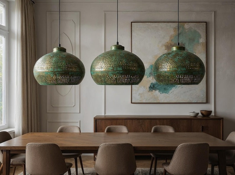 Perforated Green Patina Copper Dome Pendant Light, Handmade Moroccan Verdigris Copper Chandelier, Pierced Kitchen Island Hanging Lamp, Rustic Boho Farmhouse Ceiling Light Fixture