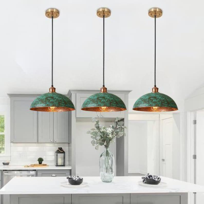 Handmade Green Patina Brass Pendant Light – Moroccan Dome Pendant Lamp with Hammered Copper Brass Interior for Kitchen Island, Dining Room & Boho Home Décor