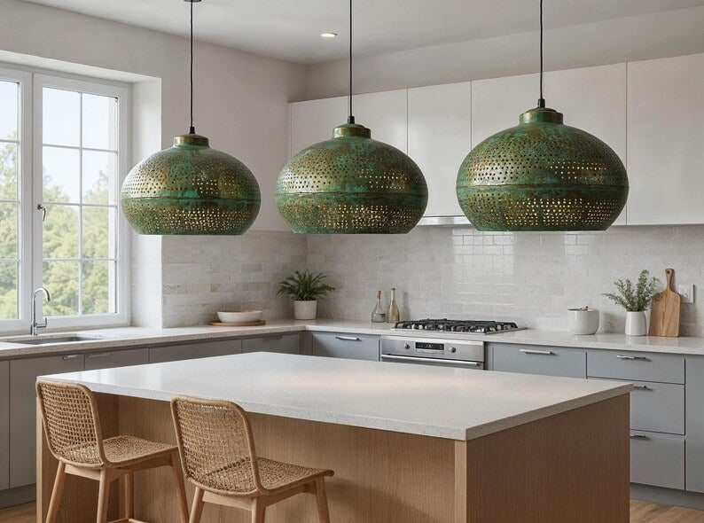 Perforated Green Patina Copper Dome Pendant Light, Handmade Moroccan Verdigris Copper Chandelier, Pierced Kitchen Island Hanging Lamp, Rustic Boho Farmhouse Ceiling Light Fixture