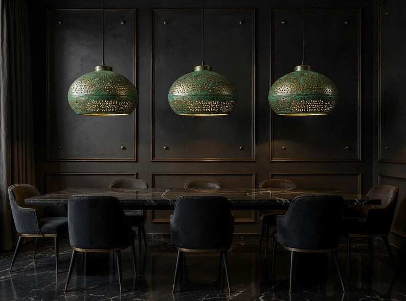 Perforated Green Patina Copper Dome Pendant Light, Handmade Moroccan Verdigris Copper Chandelier, Pierced Kitchen Island Hanging Lamp, Rustic Boho Farmhouse Ceiling Light Fixture