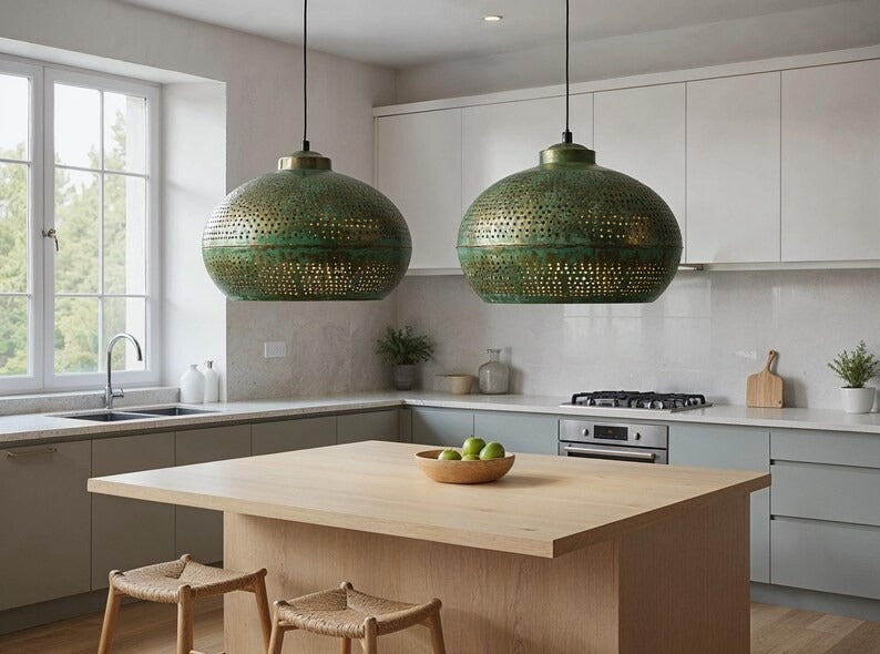 Perforated Green Patina Copper Dome Pendant Light, Handmade Moroccan Verdigris Copper Chandelier, Pierced Kitchen Island Hanging Lamp, Rustic Boho Farmhouse Ceiling Light Fixture