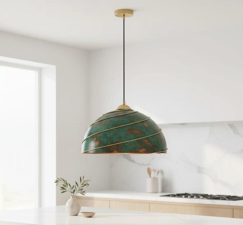 Green Patina Copper Dome Pendant Light, Handmade Moroccan Spiral Brass Trim Chandelier, Verdigris Kitchen Island Hanging Lamp, Boho Rustic Farmhouse Ceiling Light Fixture