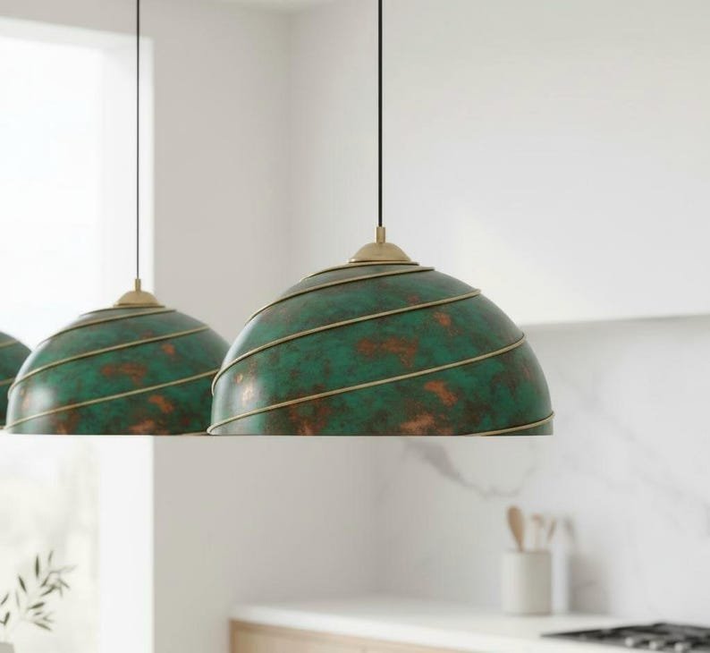 Green Patina Copper Dome Pendant Light, Handmade Moroccan Spiral Brass Trim Chandelier, Verdigris Kitchen Island Hanging Lamp, Boho Rustic Farmhouse Ceiling Light Fixture