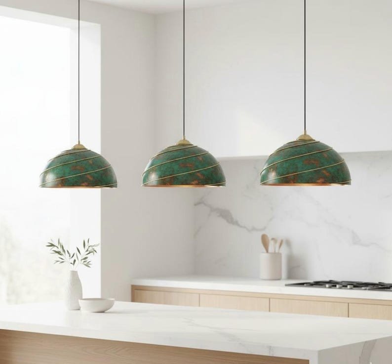 Green Patina Copper Dome Pendant Light, Handmade Moroccan Spiral Brass Trim Chandelier, Verdigris Kitchen Island Hanging Lamp, Boho Rustic Farmhouse Ceiling Light Fixture