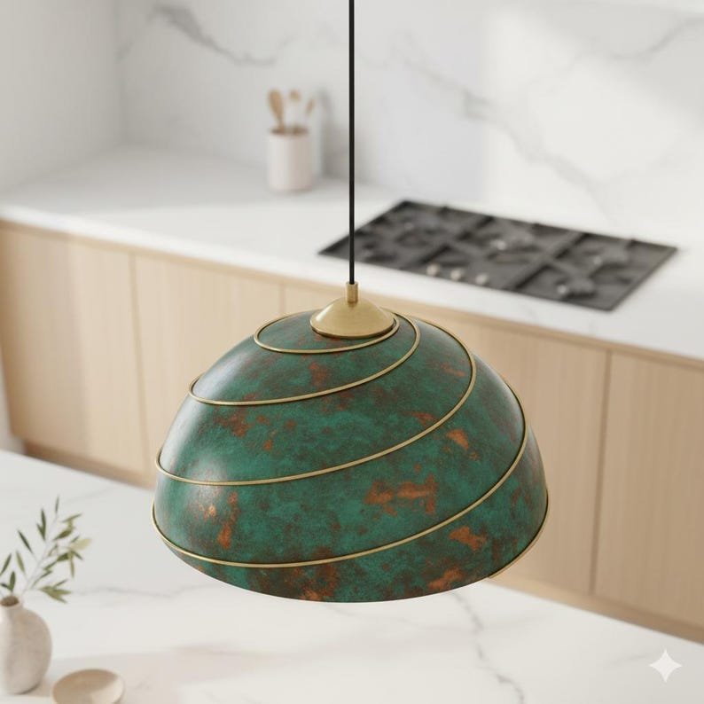 Green Patina Copper Dome Pendant Light, Handmade Moroccan Spiral Brass Trim Chandelier, Verdigris Kitchen Island Hanging Lamp, Boho Rustic Farmhouse Ceiling Light Fixture