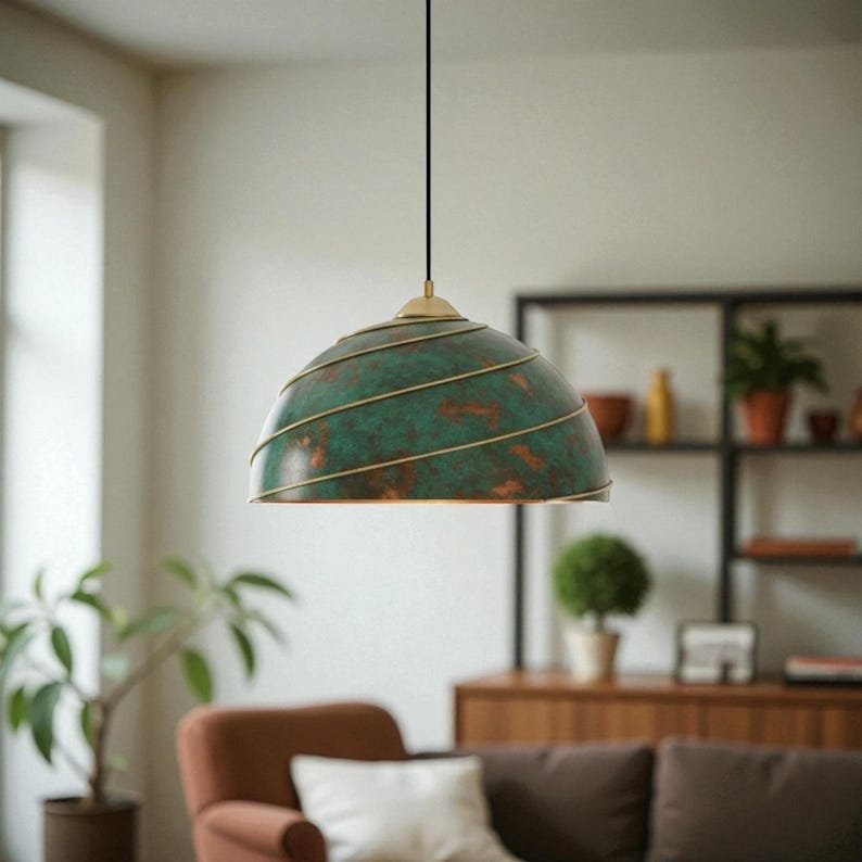 Green Patina Copper Dome Pendant Light, Handmade Moroccan Spiral Brass Trim Chandelier, Verdigris Kitchen Island Hanging Lamp, Boho Rustic Farmhouse Ceiling Light Fixture