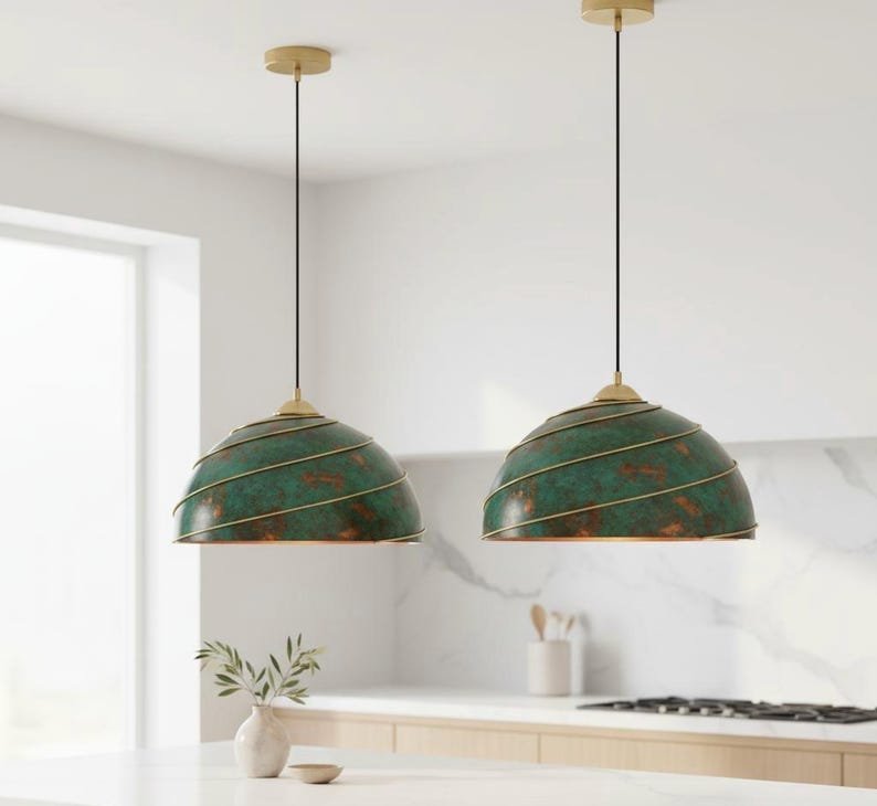 Green Patina Copper Dome Pendant Light, Handmade Moroccan Spiral Brass Trim Chandelier, Verdigris Kitchen Island Hanging Lamp, Boho Rustic Farmhouse Ceiling Light Fixture