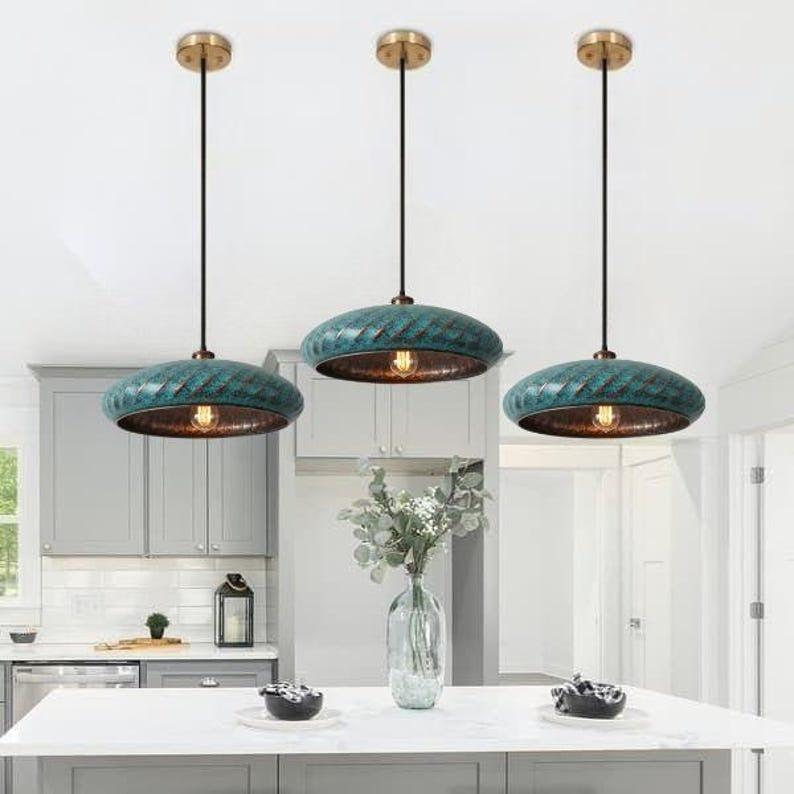 Handmade Green Patina Brass Pendant Light – Moroccan Saucer Pendant Lamp with Slit Cutouts & Hammered Brass Interior for Kitchen Island, Dining Room & Boho Home Décor