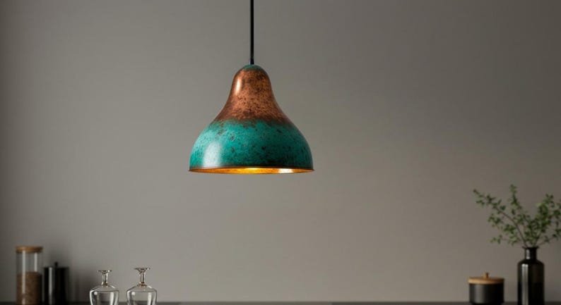 Turquoise Patina Copper Pendant Light, Handmade Bell Dome Ceiling Lamp, Rustic Moroccan Kitchen Island Chandelier