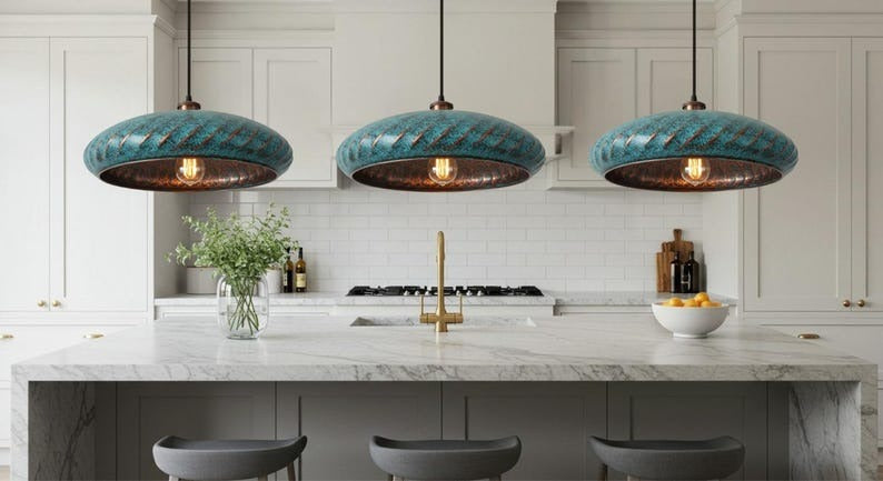 Handmade Green Patina Brass Pendant Light – Moroccan Saucer Pendant Lamp with Slit Cutouts & Hammered Brass Interior for Kitchen Island, Dining Room & Boho Home Décor