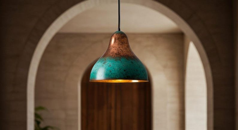 Turquoise Patina Copper Pendant Light, Handmade Bell Dome Ceiling Lamp, Rustic Moroccan Kitchen Island Chandelier