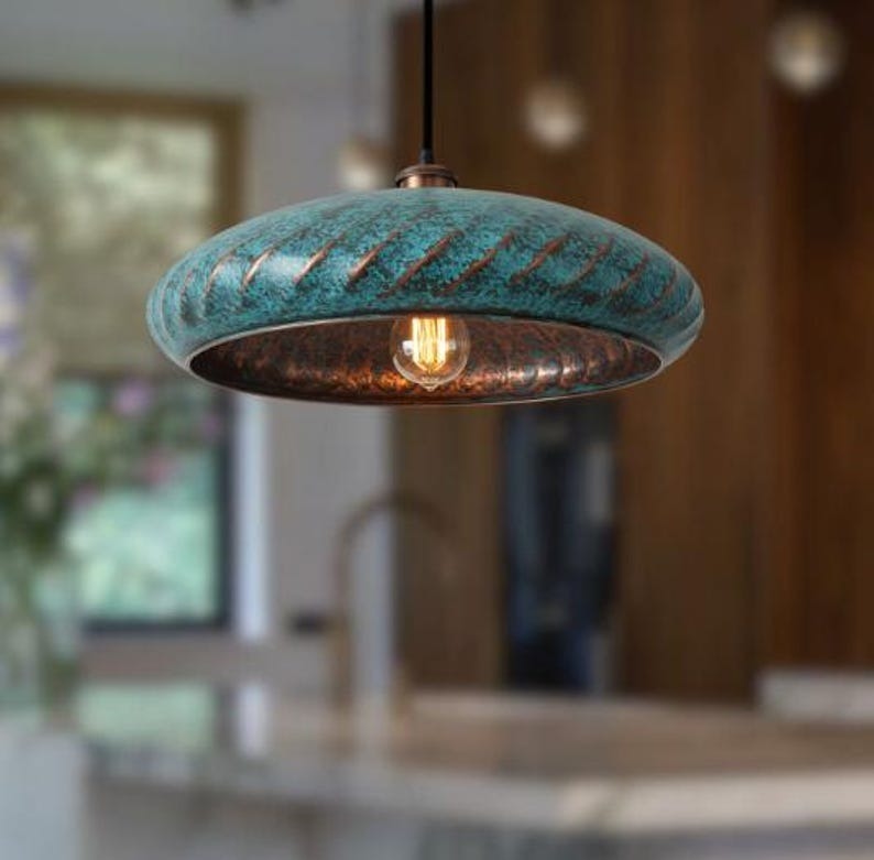 Handmade Green Patina Brass Pendant Light – Moroccan Saucer Pendant Lamp with Slit Cutouts & Hammered Brass Interior for Kitchen Island, Dining Room & Boho Home Décor