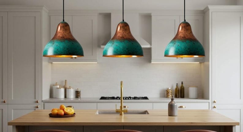 Turquoise Patina Copper Pendant Light, Handmade Bell Dome Ceiling Lamp, Rustic Moroccan Kitchen Island Chandelier