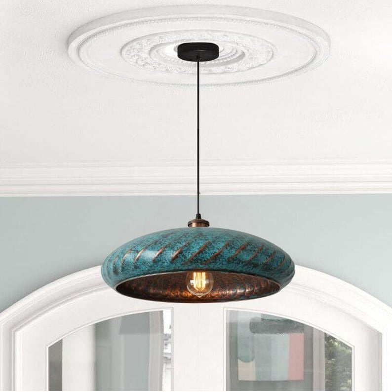 Handmade Green Patina Brass Pendant Light – Moroccan Saucer Pendant Lamp with Slit Cutouts & Hammered Brass Interior for Kitchen Island, Dining Room & Boho Home Décor