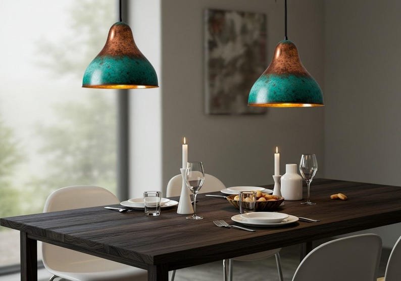 Turquoise Patina Copper Pendant Light, Handmade Bell Dome Ceiling Lamp, Rustic Moroccan Kitchen Island Chandelier