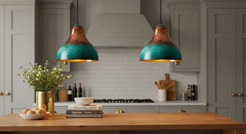 Turquoise Patina Copper Pendant Light, Handmade Bell Dome Ceiling Lamp, Rustic Moroccan Kitchen Island Chandelier