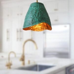 Green Patina Copper Cone Pendant Light, Handmade Moroccan Wavy Edge Hanging Lamp, Verdigris Copper Kitchen Island Chandelier, Rustic Boho Farmhouse Ceiling Light Fixture