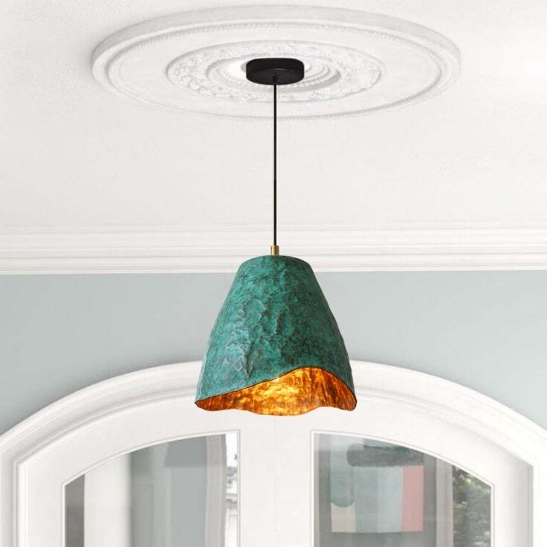 Green Patina Copper Cone Pendant Light, Handmade Moroccan Wavy Edge Hanging Lamp, Verdigris Copper Kitchen Island Chandelier, Rustic Boho Farmhouse Ceiling Light Fixture