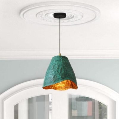 Green Patina Copper Cone Pendant Light, Handmade Moroccan Wavy Edge Hanging Lamp, Verdigris Copper Kitchen Island Chandelier, Rustic Boho Farmhouse Ceiling Light Fixture