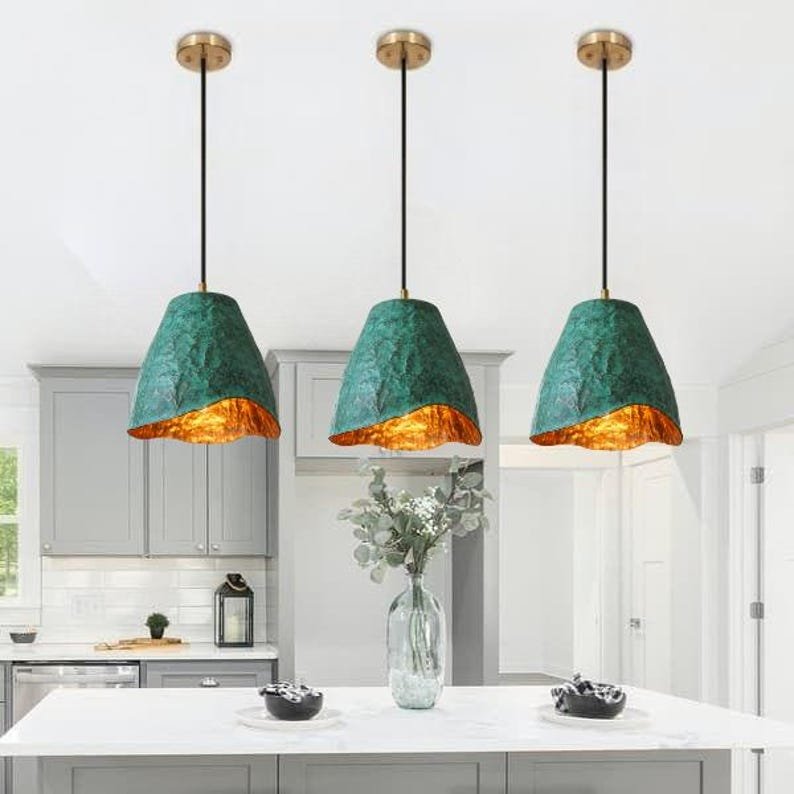 Green Patina Copper Cone Pendant Light, Handmade Moroccan Wavy Edge Hanging Lamp, Verdigris Copper Kitchen Island Chandelier, Rustic Boho Farmhouse Ceiling Light Fixture