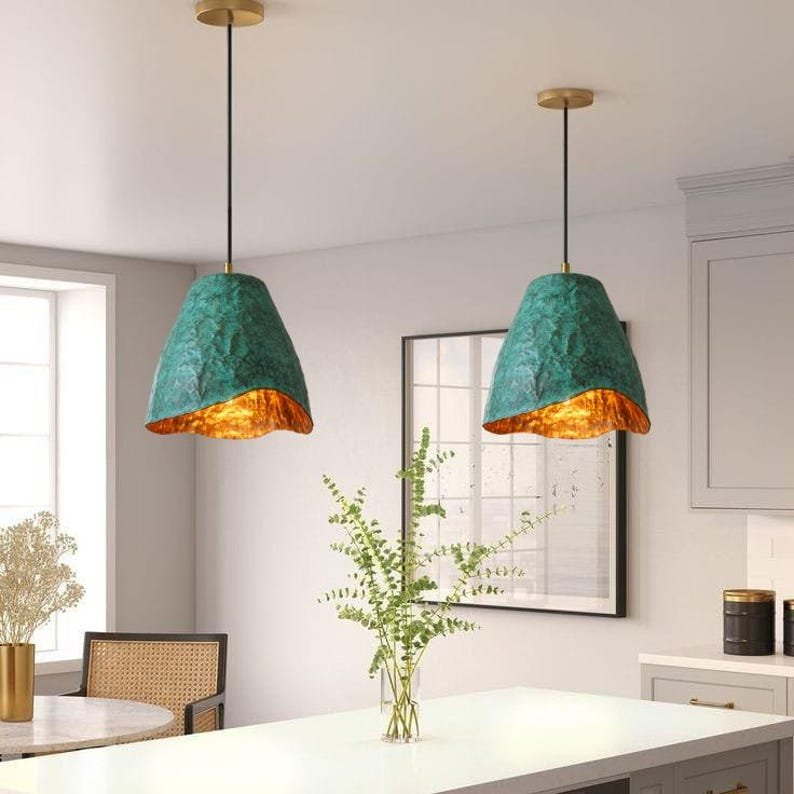 Green Patina Copper Cone Pendant Light, Handmade Moroccan Wavy Edge Hanging Lamp, Verdigris Copper Kitchen Island Chandelier, Rustic Boho Farmhouse Ceiling Light Fixture