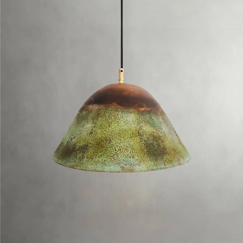 Green Patina Copper Cone Pendant Light, Handmade Moroccan Verdigris Copper Kitchen Island Chandelier, Rustic Wide Dome Hanging Lamp, Boho Farmhouse Ceiling Light Fixture