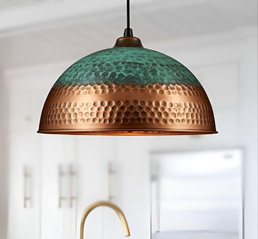 Handmade Hammered Brass Pendant Light – Moroccan Copper Dome Pendant Lamp with Green Patina Top for Kitchen Island, Dining Room & Boho Home Décor