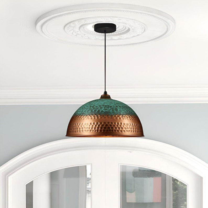 Handmade Hammered Brass Pendant Light – Moroccan Copper Dome Pendant Lamp with Green Patina Top for Kitchen Island, Dining Room & Boho Home Décor