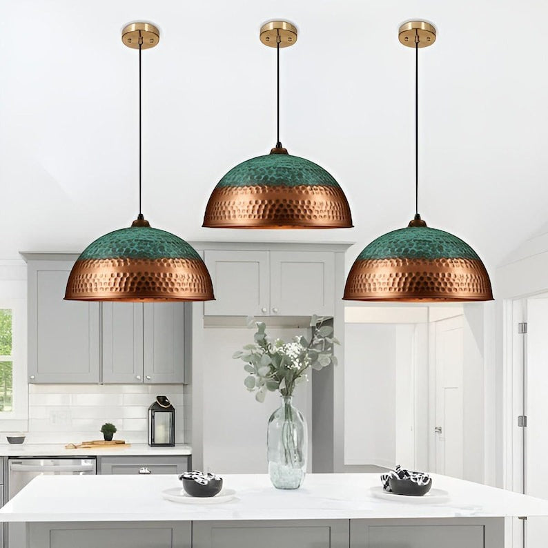 Handmade Hammered Brass Pendant Light – Moroccan Copper Dome Pendant Lamp with Green Patina Top for Kitchen Island, Dining Room & Boho Home Décor