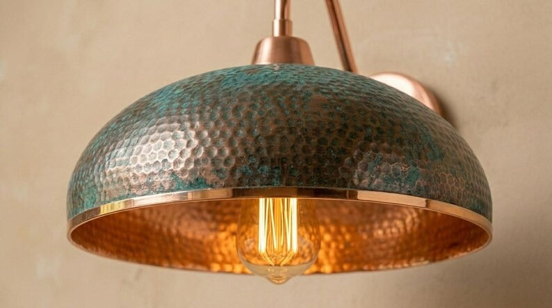 Handmade Brass Wall Sconce – Verdigris Green Patina Hammered Brass Dome Wall Light with Copper Arm, Moroccan Rustic Farmhouse Wall Lamp Fixture