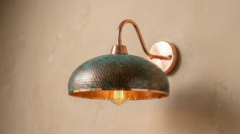 Handmade Brass Wall Sconce – Verdigris Green Patina Hammered Brass Dome Wall Light with Copper Arm, Moroccan Rustic Farmhouse Wall Lamp Fixture