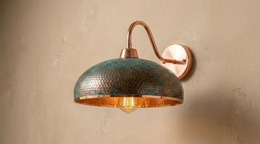 Handmade Brass Wall Sconce – Verdigris Green Patina Hammered Brass Dome Wall Light with Copper Arm, Moroccan Rustic Farmhouse Wall Lamp Fixture