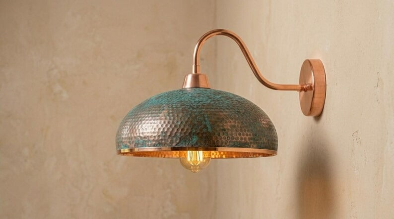 Handmade Brass Wall Sconce – Verdigris Green Patina Hammered Brass Dome Wall Light with Copper Arm, Moroccan Rustic Farmhouse Wall Lamp Fixture