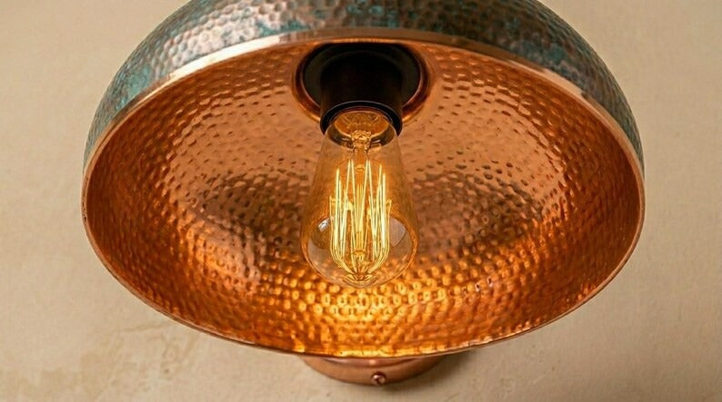 Handmade Brass Wall Sconce – Verdigris Green Patina Hammered Brass Dome Wall Light with Copper Arm, Moroccan Rustic Farmhouse Wall Lamp Fixture
