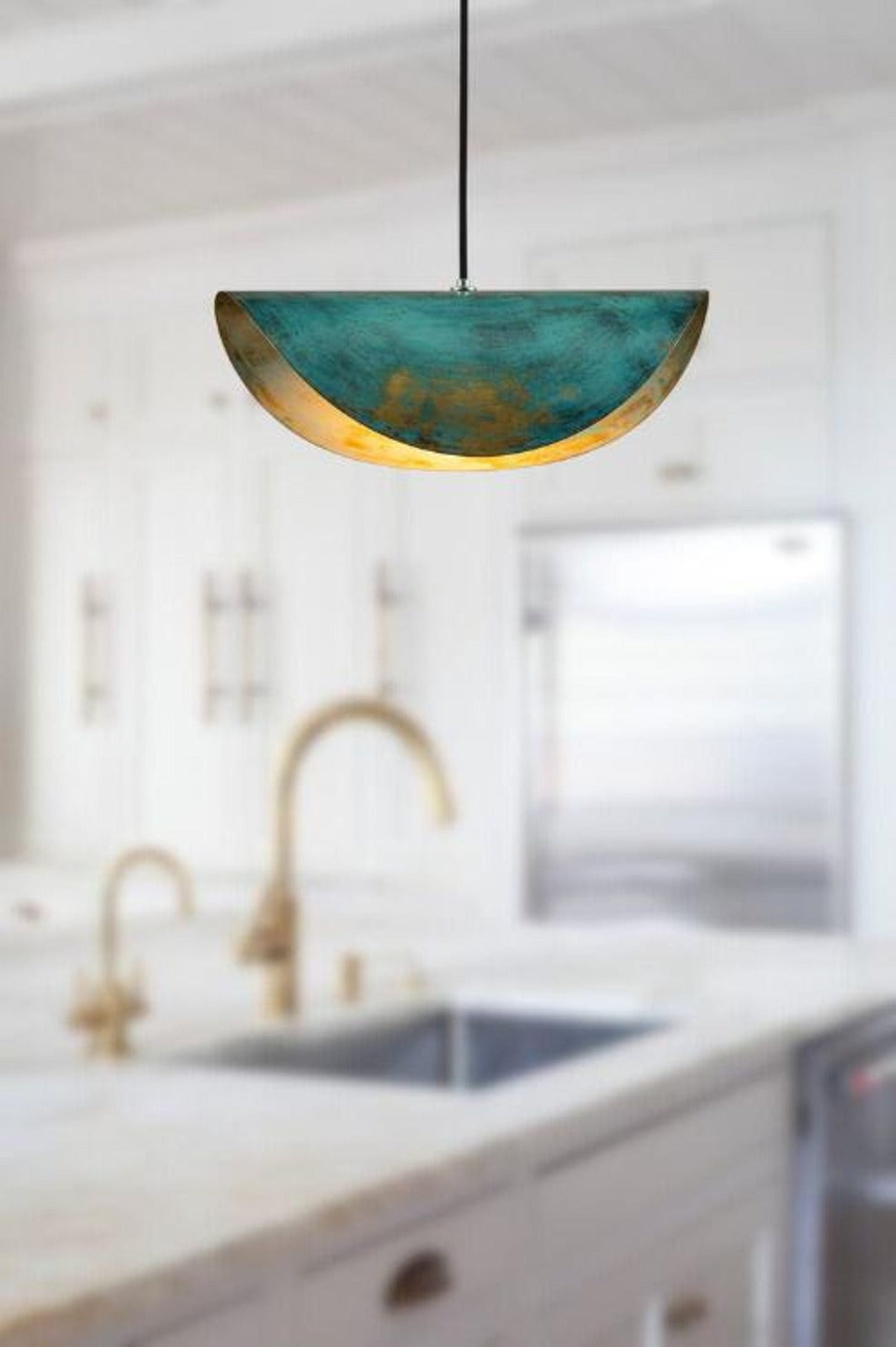 Handmade Half Moon Brass Pendant Light – Blue Green Patina Moroccan Bowl Pendant Lamp for Kitchen Island, Dining Room & Boho Home Décor