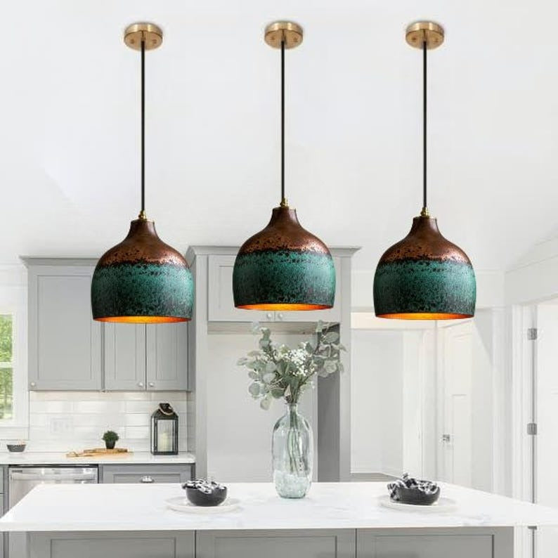 Handmade Green Patina Brass Pendant Light – Moroccan Two Tone Dome Hanging Lamp with Copper Top for Kitchen Island, Dining Room & Boho Home Décor