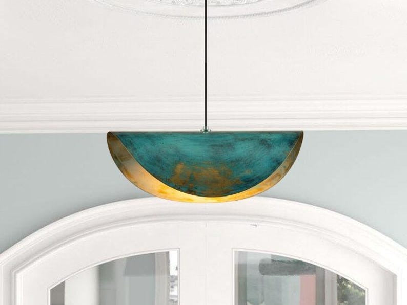 Handmade Half Moon Brass Pendant Light – Blue Green Patina Moroccan Bowl Pendant Lamp for Kitchen Island, Dining Room & Boho Home Décor