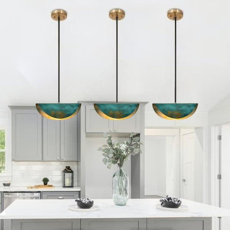 Handmade Half Moon Brass Pendant Light – Blue Green Patina Moroccan Bowl Pendant Lamp for Kitchen Island, Dining Room & Boho Home Décor