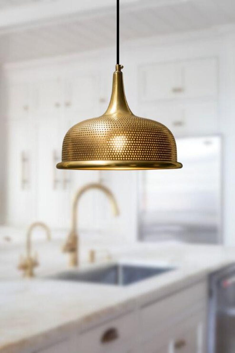 Handmade Perforated Brass Pendant Light – Moroccan Gold Dome Pendant Lamp with Tall Neck for Kitchen Island, Dining Room & Boho Home Décor
